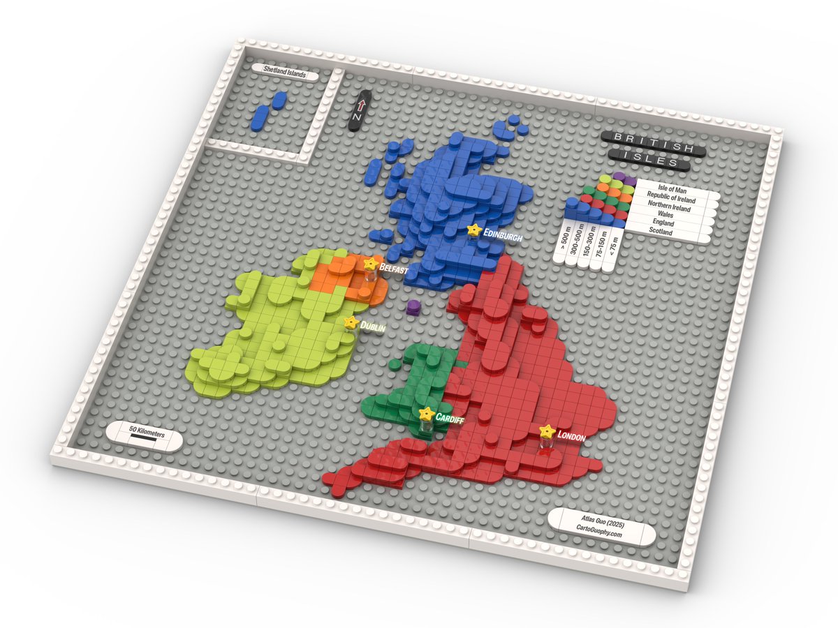 CartoGuophy's tweet image. #30DayMapChallenge | Day 27 Boundaries | A virtually rendered #LEGO map of the #BritishIsles, with each area in its own color and elevation shown by stacked plates. I also added an inset map for the first time, following the terrain style from my well-received #Arizona map.