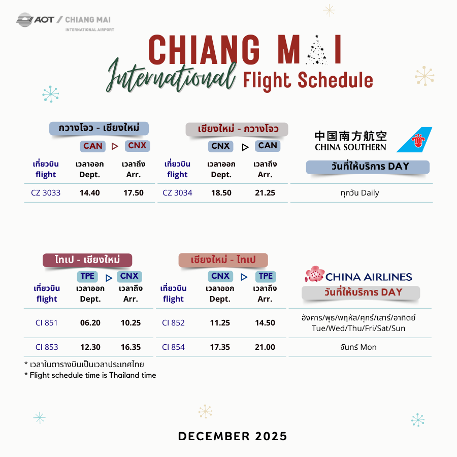 CNX_Airport's tweet image. ตารางบินระหว่างประเทศ | International Flight Schedule (5)
#ChinaSourthern #ChinaAirlines #SpringAirlines #EVAAir #Starlux 
⛩️กวางโจว|CAN
🎇ไทเป|TPE
⛩️เซี่ยงไฮ้|PVG
#flyCNX #CNXairport