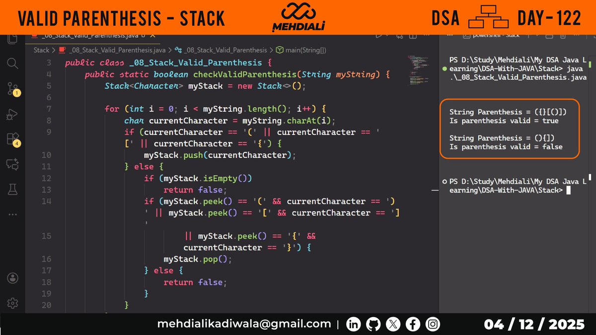 mehdiali_mk's tweet image. Valid Parenthesis - Stack  | DSA – DAY – 122
Github Link: github.com/mehdiali-mk/DS…

LinkedIn: linkedin.com/in/mehdiali-mk/

#365DaysofCode #365dayscoding #100daysofcodechallenge #100daysofcode #LearnDSA #DSAinJava #JavaProgramming #AlgorithmDesign #CodingPractice #codedaily