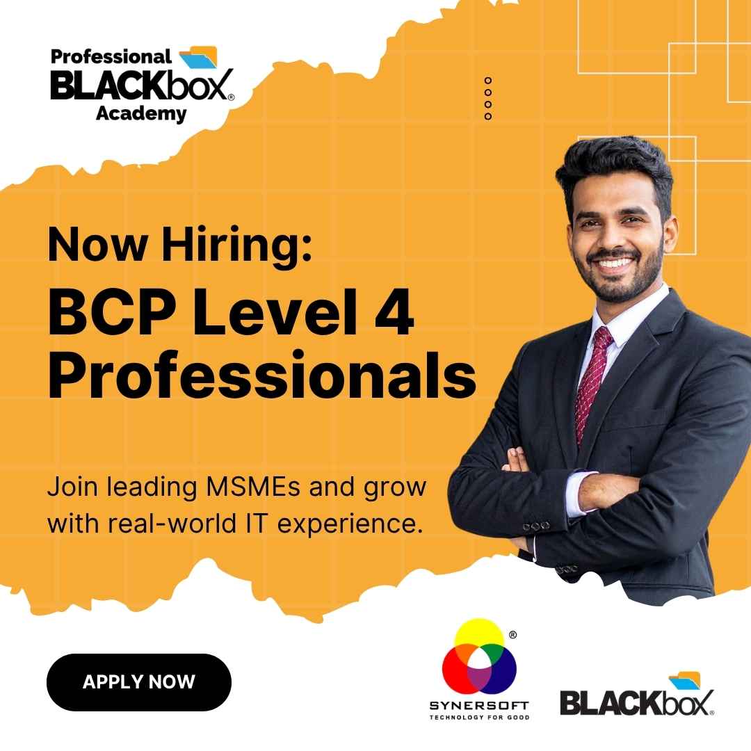 SynersoftTech's tweet photo. BCP Level 4 certified professionals this is your chance to step into live IT and cybersecurity roles π
Share your certification details and resume at info@blackboxprofessionals.in
Our placement team will connect with you for next steps
#BCPLevel4 #ITJobs #Blackbox https://t.co/z01N3pmBCs