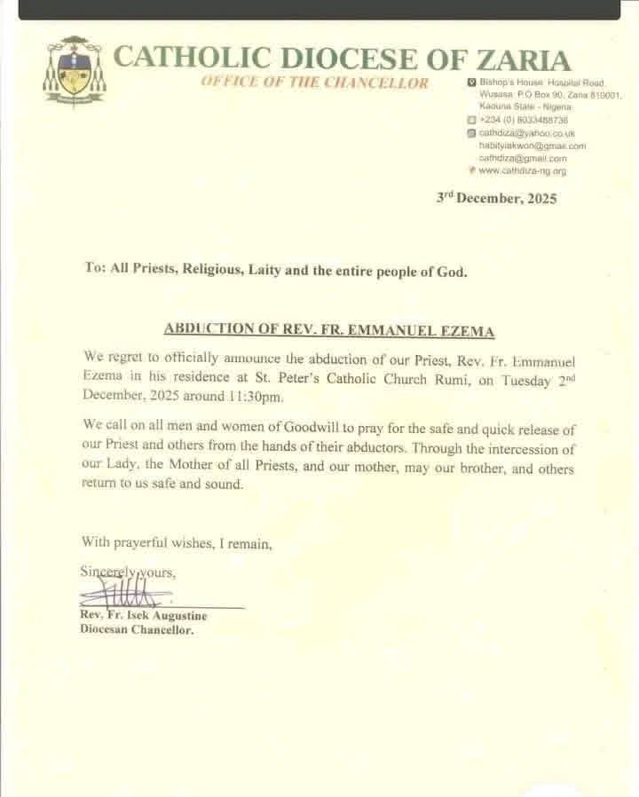 Terrorists have abducted another priest of the Catholic Diocese of Zaria, Kaduna State, NW #Nigeria...