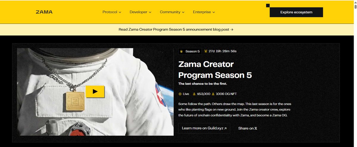 🚀Zama Creator Program Season 5 - To Be On Leaderboard and Earn Reward.

If you're a creator its a good opportunity to earn reward with your content.

This season comes with real incentives: 1006 OG NFTs for top creators and $50000 prize pool split among Top 100 creators with