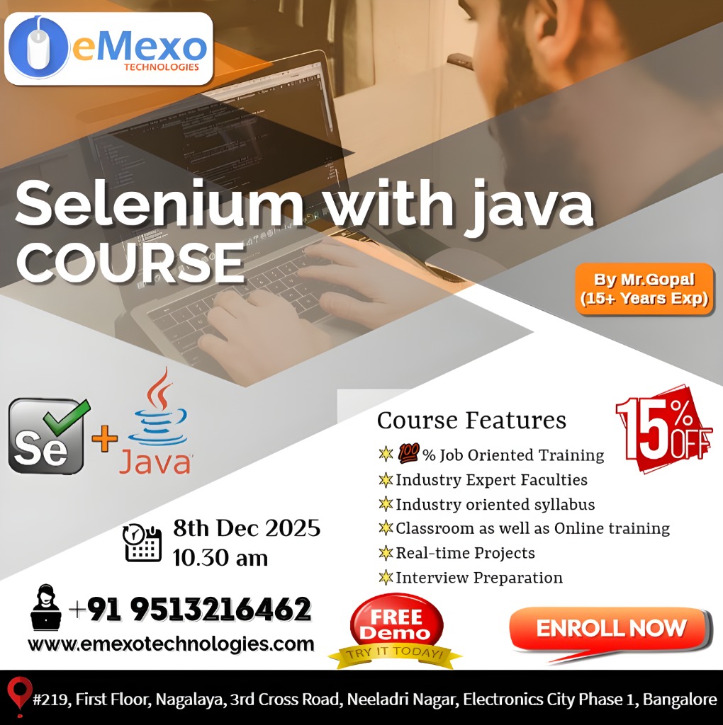 gokulemexo's tweet image. 🚀 Master Selenium with Java &amp;amp; Get Hired in 2 Months – 15% OFF in Selenium Certification Training Course in Electronic City Bangalore!

 Location: Emexo Technologies, Electronic City, Bangalore
Call: +91 9513216462
 Visit: emexotechnologies.com/courses/seleni…

#SeleniumCertification #Selenium