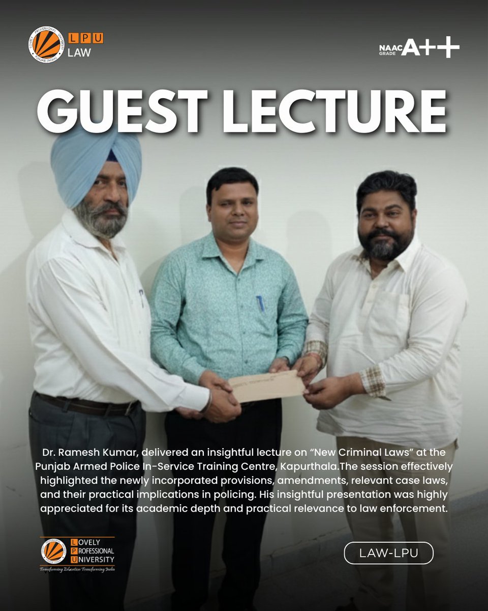 LPUlawSchool's tweet image. Dr. Ramesh Kumar, Assistant Professor, School of Law,  delivered an insightful lecture on “New Criminal Laws” at the Punjab Armed Police In-Service Training Centre, Kapurthala, Punjab. 
#GuestLecture #ExpertTalk #KnowledgeSharing #LegalReforms #NewCriminalLaws
@lpuuniversity