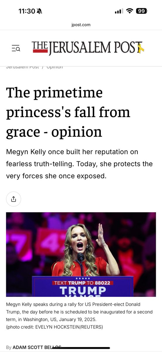 Andreafreedom76's tweet image. The Jerusalem Post Scorched-Earth Takedown of Megyn Kelly!

The Megyn Kelly who once made a living tearing hypocrisy apart has become one of its most effective new shields.  She refuses to comfort the uncomfortable truth about her friends.  It’s marketing – protecting her…