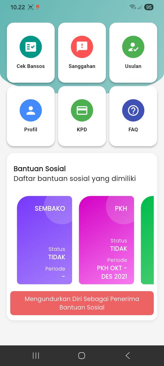 Ini gimana ceritanya Penerima PKH tiba² cek aplikasi mengundurkan diri, bukankah pengunduran diri atas dasar kesadaran sendiri? Pantesan sejak 2021 tidak pernah dapat lagi padahal Petugas PKH tidak pernah sama sekali konfirmasi <a href="/kemensos_pkh/">Program Keluarga Harapan Kemensos RI</a> <a href="/KemensosRI/">Kementerian Sosial RI</a> <a href="/ItjenKemensosRI/">Inspektorat Jenderal Kementerian Sosial RI</a>