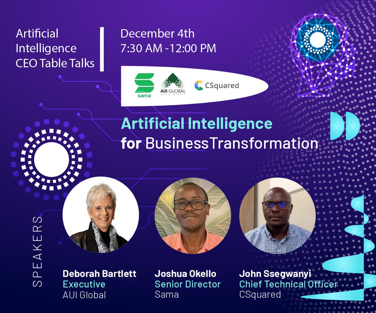 AI isn’t just the future, it’s the present.

Today, industry leaders from AUI Global, Sama, and CSquared will unpack the real-world impact of Artificial Intelligence on Business Transformation.

Speakers from 》》<a href="/CSquared_Africa/">CSquared Group</a> | AUI Global | <a href="/SamaAI/">Sama</a>

#AmChamUg
#Ai4Business