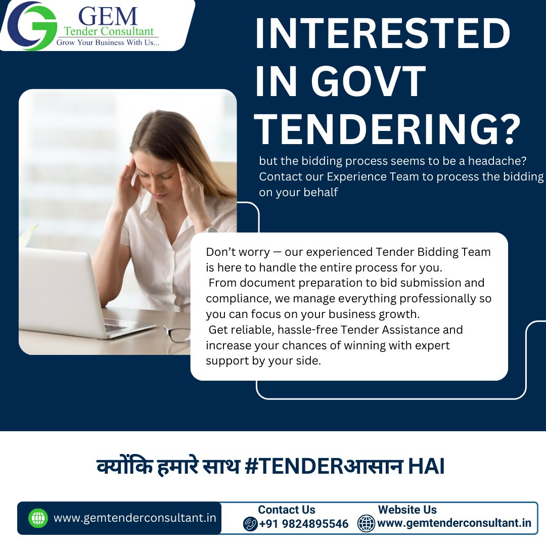 AaravTender's tweet photo. Interested in Government Tendering but confused about the bidding process?
Don’t worry — our Expert GeM Tender Consultant Team is here to make the entire tender process आसान and hassle-free for you. https://t.co/H5BXULhU2W