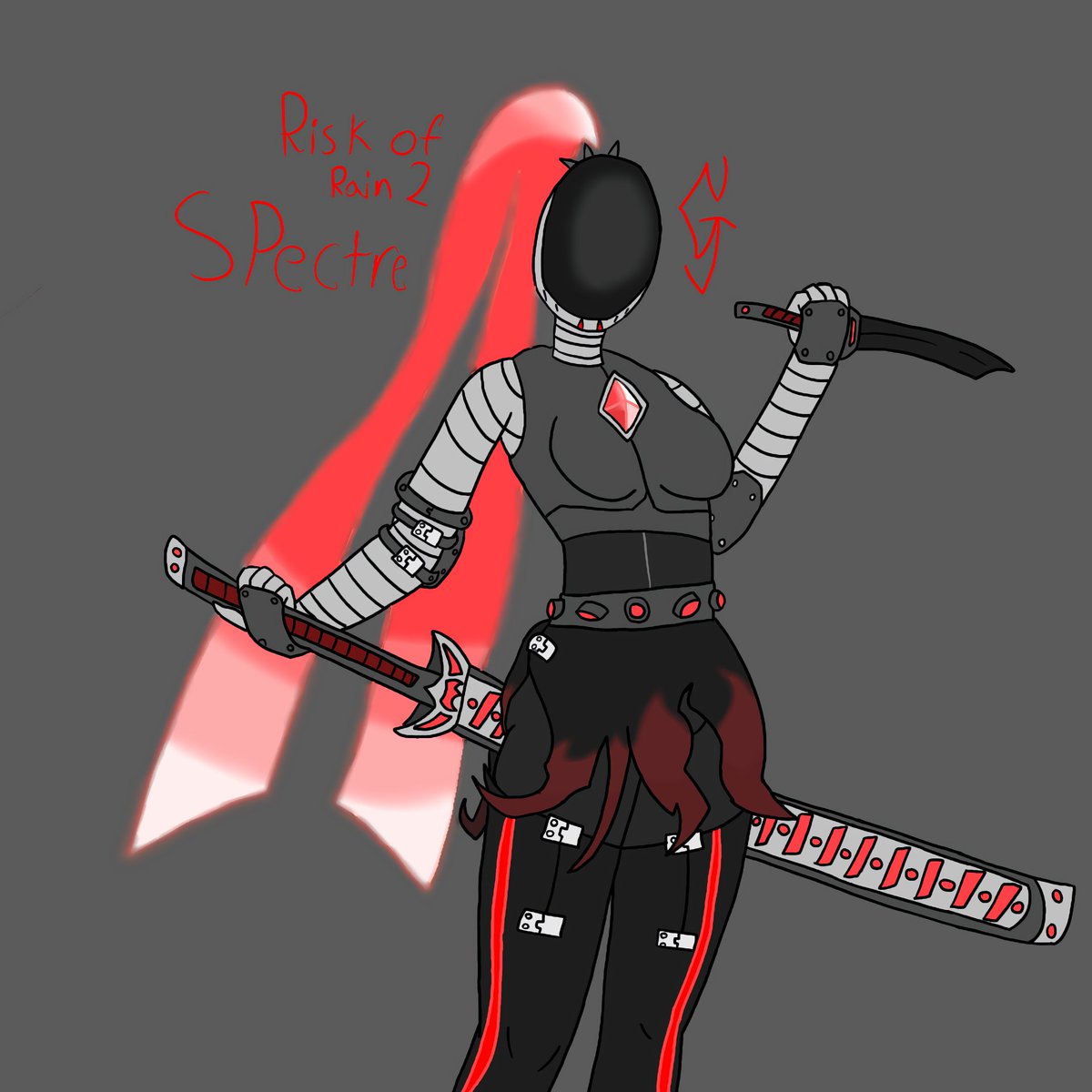 Spirit_F0x's tweet photo. I drew a character concept that's been on my mind for a while for Risk of Rain 2, a survivor called Spectre! The design is a rough draft but I had fun drawing her!

#riskofrain2 #art #originalcharacter https://t.co/t08pUlw9zb