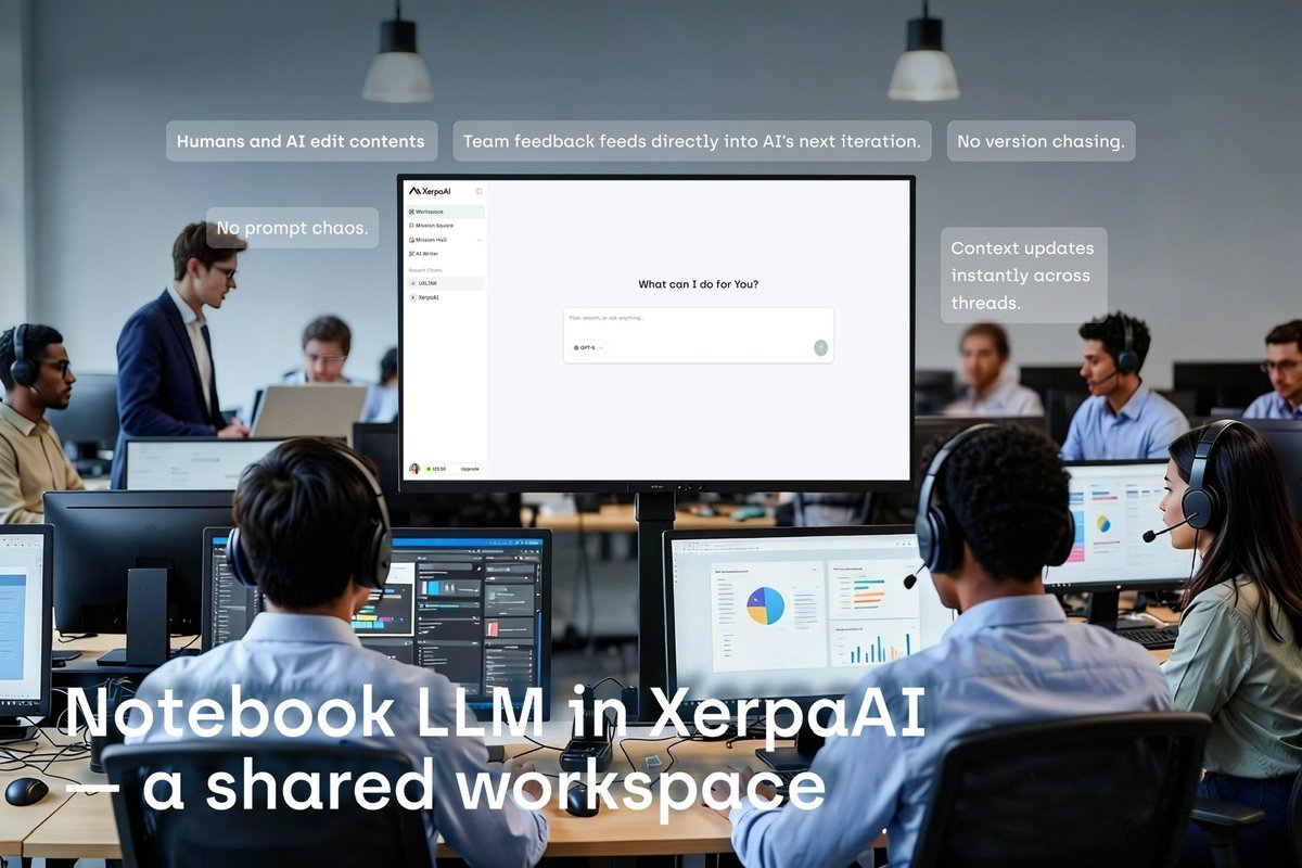 XerpaAI's tweet photo. Why Real‑Time Collaboration Actually Matters in AI Workflows

✍️ Working alone is slow.
⚡ Working with AI is fast.
🚀 Working with AI and your team in real time? That’s where the jump happens.

That’s the idea behind Notebook LLM inside XerpaAI — a shared workspace where:

💬 Humans + models co‑edit in the same screen
🔄 Context updates instantly (no more “wrong version” moments)
🧩 Team feedback becomes part of the next AI iteration automatically
📎 Zero tab‑hopping, zero copy‑paste fatigue

Instead of chasing versions, you stay in momentum.

Our early teams are already seeing:
• 3× faster alignment
• Cleaner outputs every round
• Less “prompt chaos,” more actual flow

This isn’t magic — it’s shared context + real collaboration.

⚡ Try working this way for one week and watch your team’s rhythm shift.

#XerpaAI #NotebookLLM #Collaboration #WorkflowAutomation