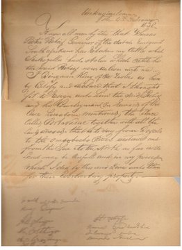 An aged, yellowed parchment document with handwritten black ink text in English, folded edges, and several signatures at the bottom; it depicts a formal historical agreement, likely a treaty, with no people or modern elements visible.