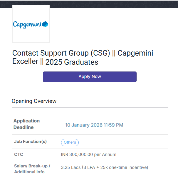 fjafreshers's tweet image. 💼 Capgemini - #JobOpening For #Freshers

👥 Profile: Contact Support Group
👶 Experience: #Fresher

💰 Salary: 3.0 LPA + 25K One-Time Incentive
⏰ Last Date To Apply: 10th Jan 2026, 11:59 PM

🔗 Apply Now: tinyurl.com/Capgemini-Fres…

#freshersjobs #HiringFreshers #ITJobFresher