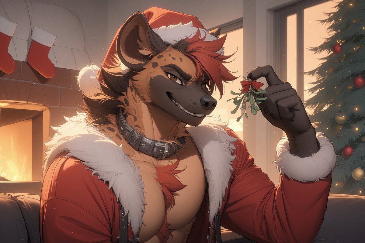 Most wonderful time of the year and my favorite season. So really in the spirit of giving this month! 

Happy Holidays from #SantaYeen, now c'mere and give him a 😘 🎄 

#AIArtistCommunity #furrycommunity #furry #furryai #AIart #rule34 #yiff