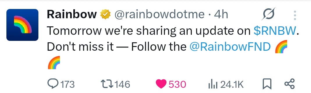 rohitdotsui's tweet photo. greetings everyone 

Finally the big announcement is coming from @rainbowdotme wallet

they said tomorrow they will share an interesting update on $RNBW

I think it will be about tge date and tokenomics

Follow rainbow foundation for updates https://t.co/CPGvsj5DBF