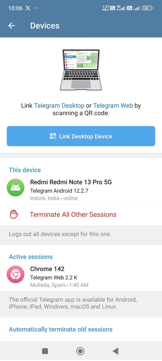 VIKASCHANDRA706's tweet photo. My telegram has been hacked and someone else has access to it and is sending messages to all my contact numbers. One active access of Chrome 142 is showing, which is not terminating. Please check and help me to recover my account. @smstelegram @telegram @MPPoliceDeptt @SpDewas https://t.co/3dWiWfvS5Y