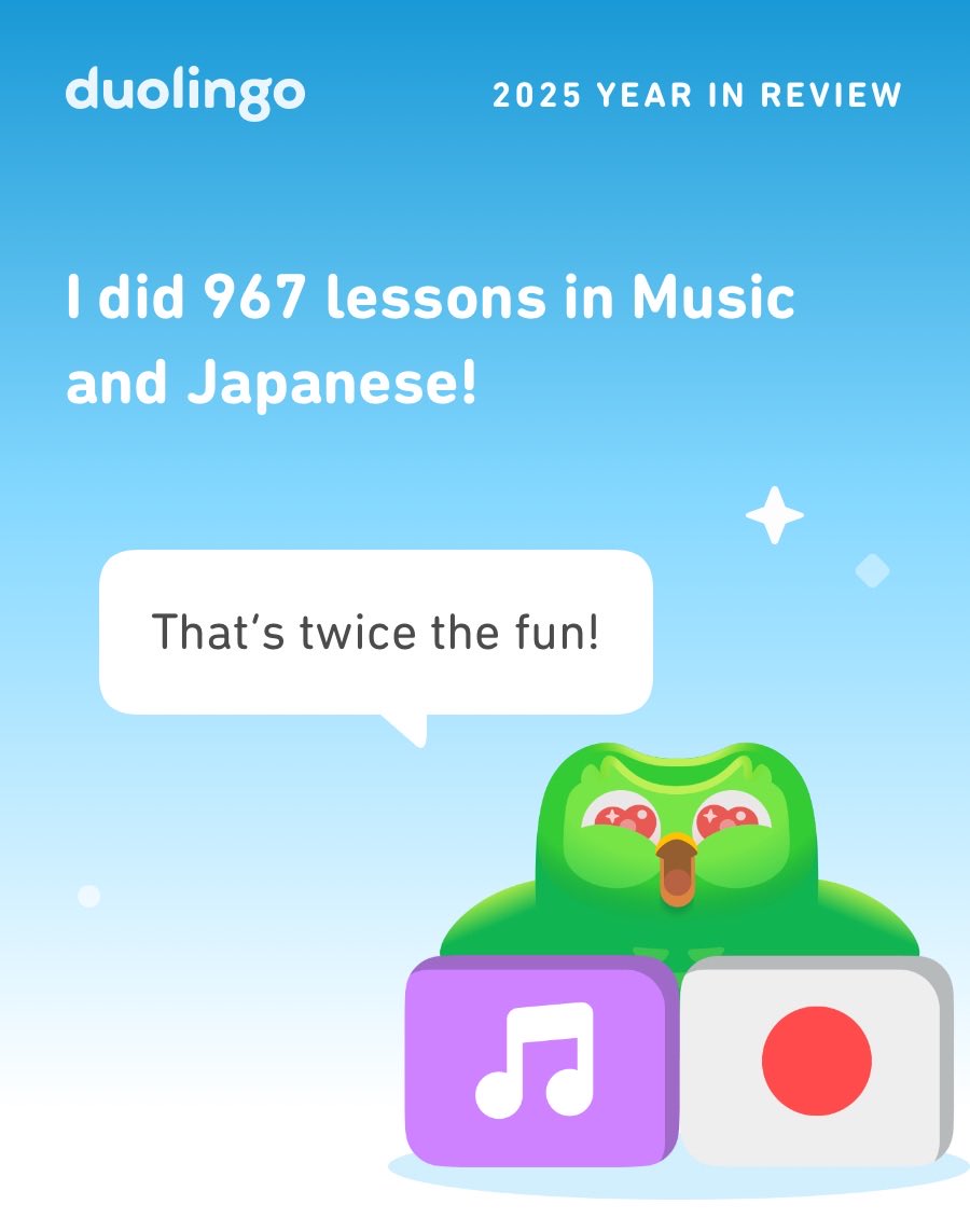 cakweegaring's tweet photo. Look how much I learned on Duolingo in 2025! How did you do? #Duolingo365 https://t.co/xuqEGmGv3Z