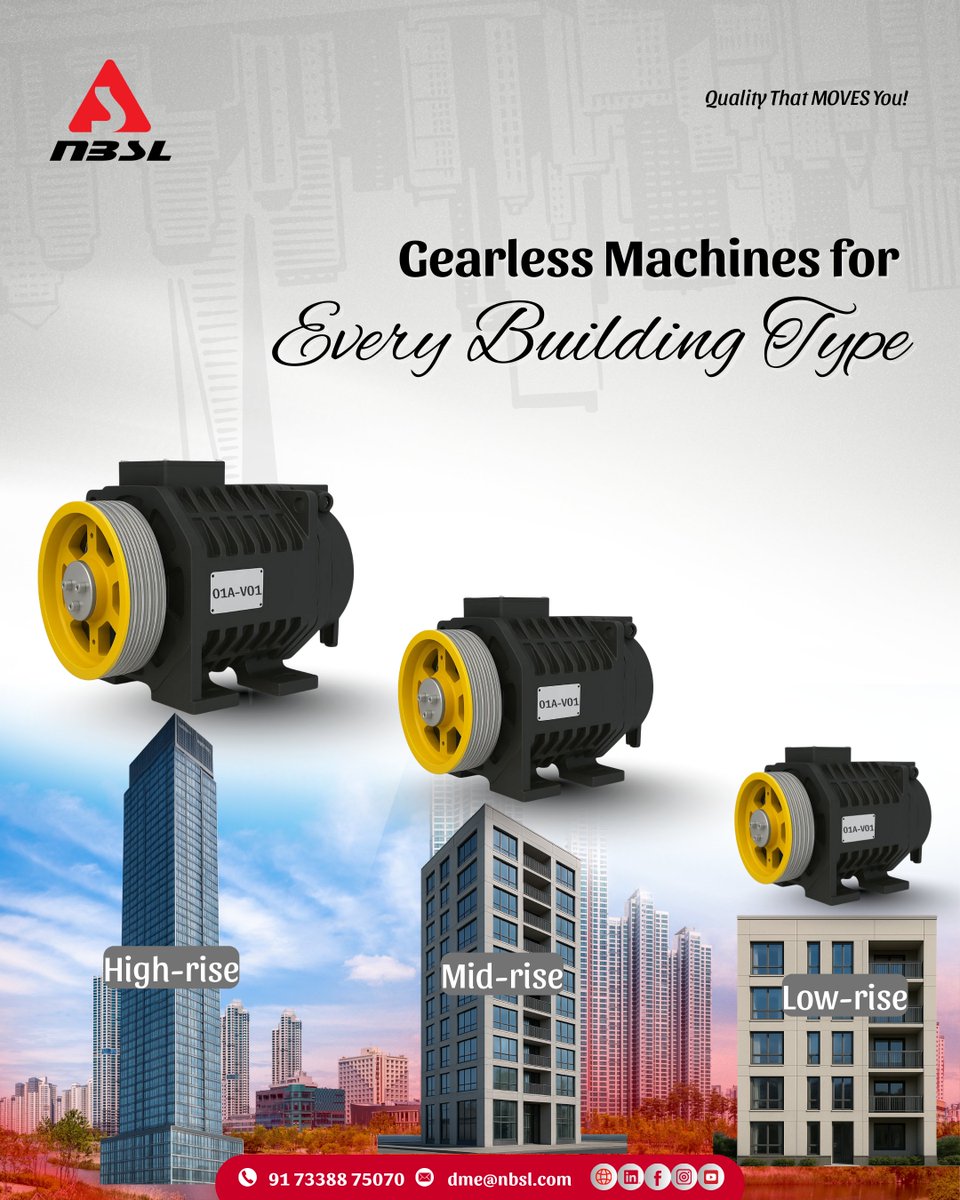 NBSL_India's tweet image. Every building is different — your elevator machine should be too.

We offer dedicated solutions for high-rise, mid-rise, and low-rise buildings — engineered for smooth installation, stable performance, and long-term reliability
#gearlessmachine  #elevatormotor  #nbslmachines