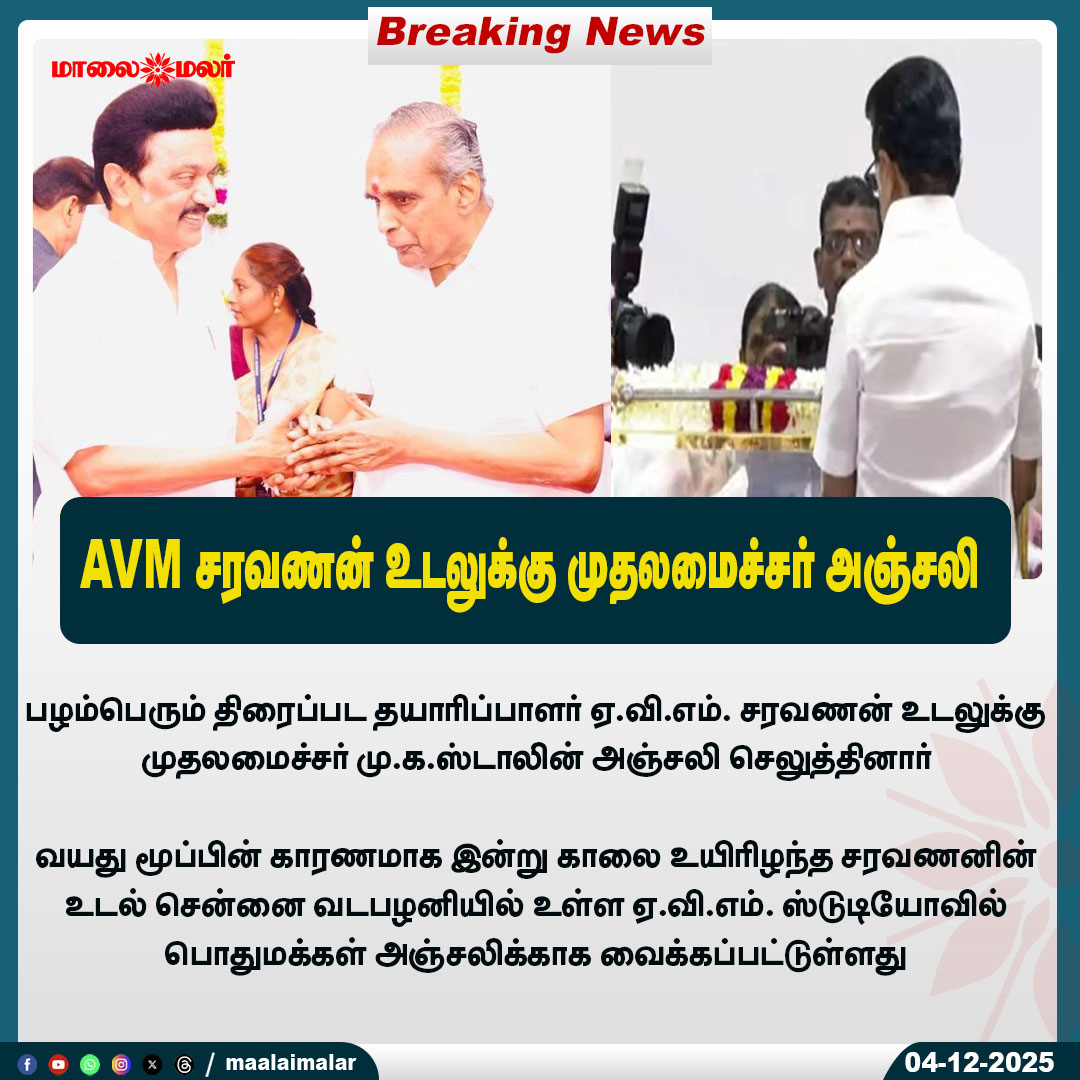 maalaimalar's tweet photo. AVM சரவணன் உடலுக்கு முதலமைச்சர் அஞ்சலி
#AVMSaravanan #TamilCinema #LegendaryProducer #MKStalin #Tribute #ChennaiNews #TamilNadu #AVMStudios #MMNews #Maalaimalar https://t.co/ekLtsOz5Bd