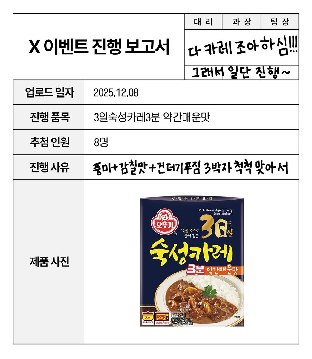 #EVENT
카레 원조. 카레 맛집. '오뚜기'가 뚜친들에게
짱맛탱 카레 소개해 드리겠습니다!

바로 3분 조리에 3일 숙성한 맛이 나는
'3일숙성카레3분 약간매운맛'

카레가 땡기는. 꼭 카레여야만 하는.
그런 날을 위해 담당자는 집에 가득 쟁여두고 있어효🥺

RT+팔로우해 주시면 추첨을 통해 여러분