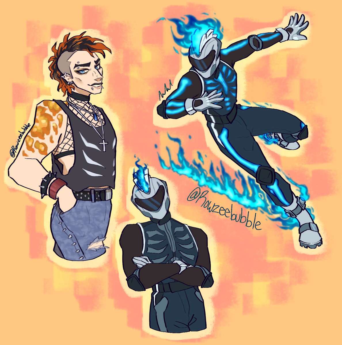 Rowzeebubble's tweet photo. New OC based off TWRP's song 'Phantom Racer'. He's got superpowers, a speedster who vents fire and works off of kinetic energy. Anyway, he looks so good??? I'm actually good at designing stuff sometimes???
#oc #ocart #antiherooc #superherooc #digitalart #punk #punkoc https://t.co/sg63sV2P05