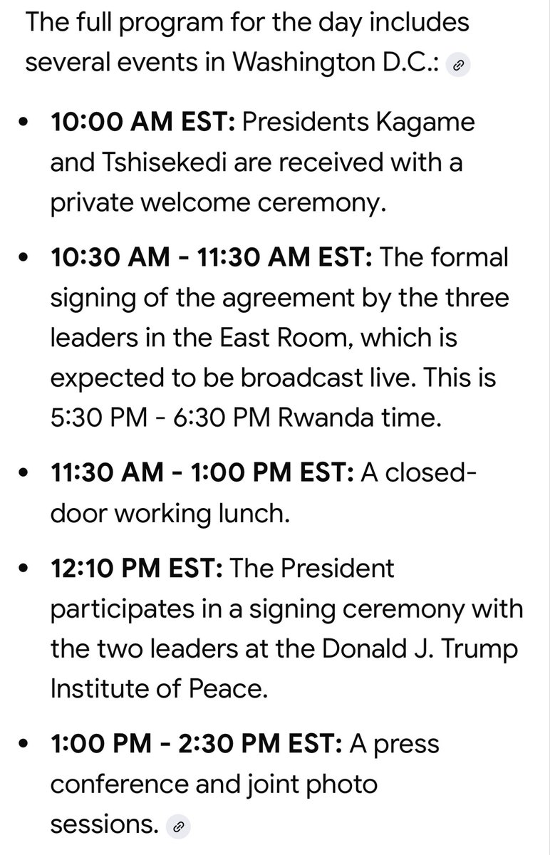 #accord de #paix entre la #RDC et le #Rawanda 🙏 Programme des événements d'aujourd'hui à la Maison Blanche 🕊️<a href="/UrugwiroVillage/">Presidency | Rwanda</a> <a href="/Presidence_RDC/">Présidence RDC 🇨🇩</a> <a href="/POTUS/">President Donald J. Trump</a> 

#peace  #accord agreement between  #DRC and  #Rawanda 🙏 schedule of today’s events <a href="/WhiteHouse/">The White House</a>