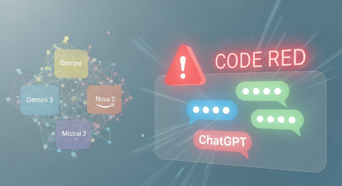 AIDeveloperCode's tweet image. OpenAI has declared code red! Discover why ChatGPT is accelerating, the changes spurred by Gemini 3, and how Amazon’s Nova 2 and Mistral 3 are reshaping the AI race. Key insights await! #AI #ChatGPT #Gemini3 #OpenAI #AWS #Mistral #LLMs 🚀🤖