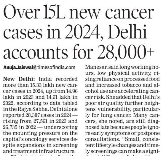 “Delhi’s poor air quality further heightens vulnerability, particularly for lung cancer.” 

India is seeing a sharp rise in cases of cancer. What does the govt plan to do? Invest in R&amp;D? Improve air quality, improve water quality, increase awareness? Increase the number of