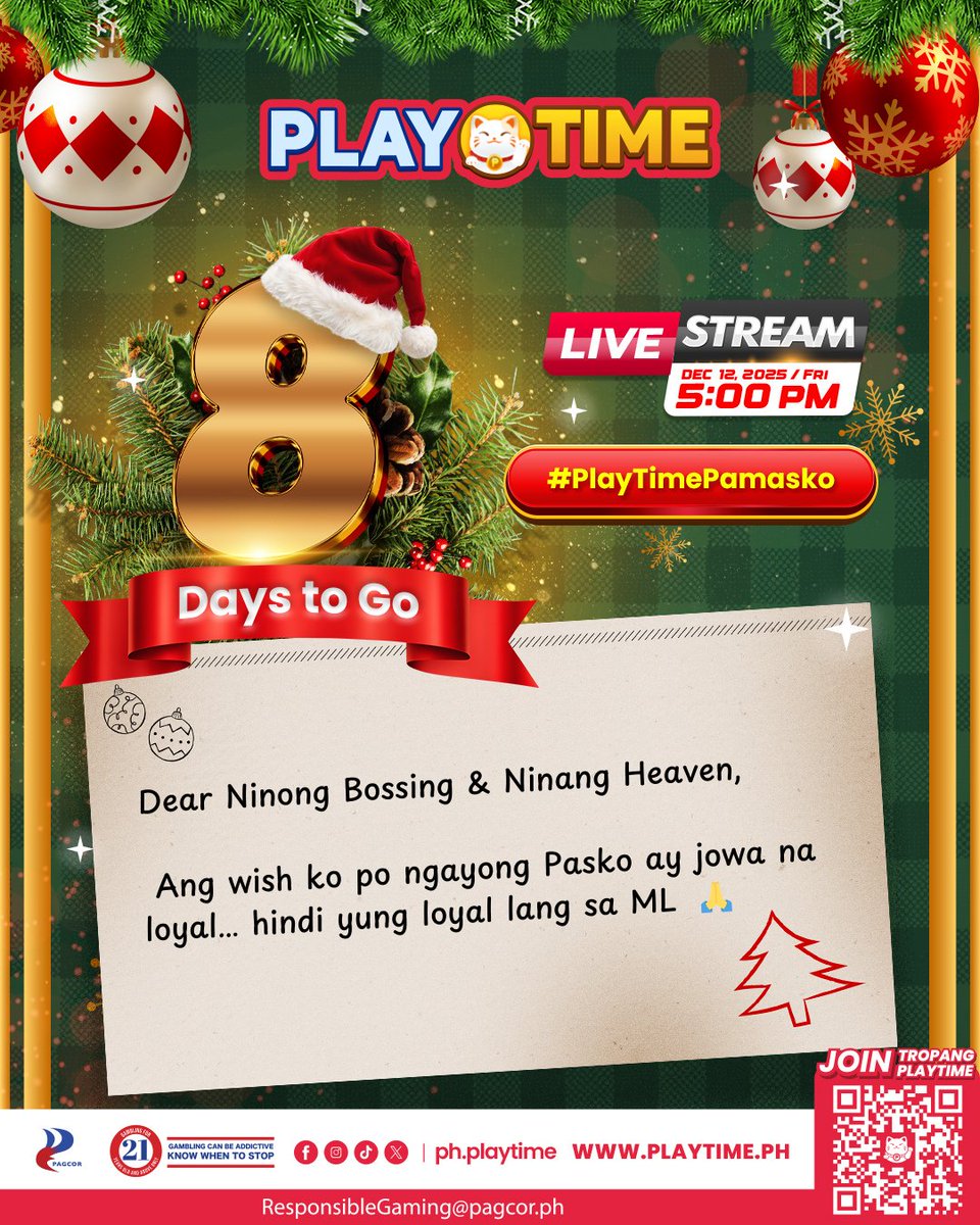 PTGamingph's tweet photo. Sa sobrang lamig ngayong Pasko, jowa ba ang wish mo? 😭❄️

Baka matupad ‘yan! Sali na dito 👉 https://t.co/bQP656c8m6 at malay mo sagutin ni Ninong Bossing & Ninang Heaven ang puso mong umaasa!

Limang (5) #PlayTimePamasko wishes will be announced on:
📅 Dec 12, 2025 | 5PM
📲 PlayTime Facebook page & app live
💰 Download now to get ₱7730 new player bonus & get 1.55% cashback!

iOS and Android: https://t.co/EyoXRh9fKD |  Website: https://t.co/DdlNSVQXTc
😸 PlayTime na!

#PlayTimePH #PlayTimeNa #PaldongPaskoSaPlayTime #PaldongPamasko #ChristmasGiveaway #HolidayGiveaway