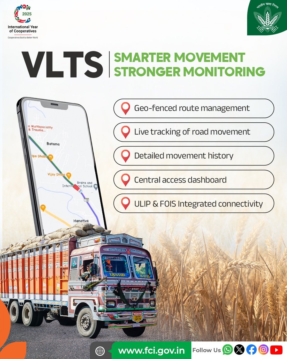Food Corporation of India is revolutionising #logistics with the 𝐕𝐞𝐡𝐢𝐜𝐥𝐞 𝐋𝐨𝐜𝐚𝐭𝐢𝐨𝐧 𝐓𝐫𝐚𝐜𝐤𝐢𝐧𝐠 𝐒𝐲𝐬𝐭𝐞𝐦. From precise routing to real-time #tracking and integrated data platforms, #VLTS ensures transparency, efficiency &amp; reliability in every movement.