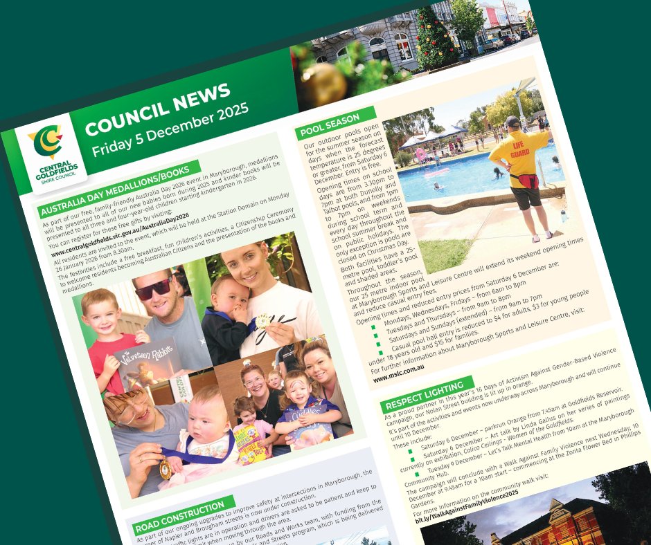 📰 Check our weekly update at:
centralgoldfields.vic.gov.au/5Dec2025 👉

You can also read it in this week's Friday edition of The Maryborough Advertiser  ...

This week's wrap includes:
🏅Australia Day medallions &amp; books
🏊‍♀️ Pool season starts
🦺 Road safety upgrades
🧡 16 Days of RESPECT