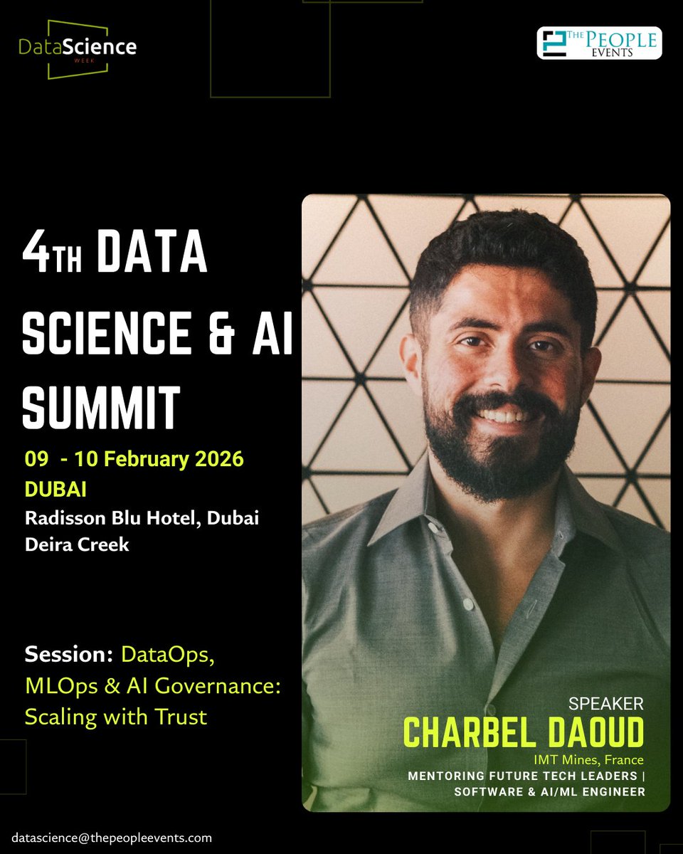 _peopleevents's tweet image. We are thrilled to welcome Charbel Daoud as a featured speaker at the 4th Data Science &amp;amp; AI Summit 2026 in Dubai!

📍 Radisson Blu Hotel, Dubai Deira Creek
Learn more &amp;amp; Register: datascience.thepeopleevents.com

#dubai #EVENT #datasciencecommunity