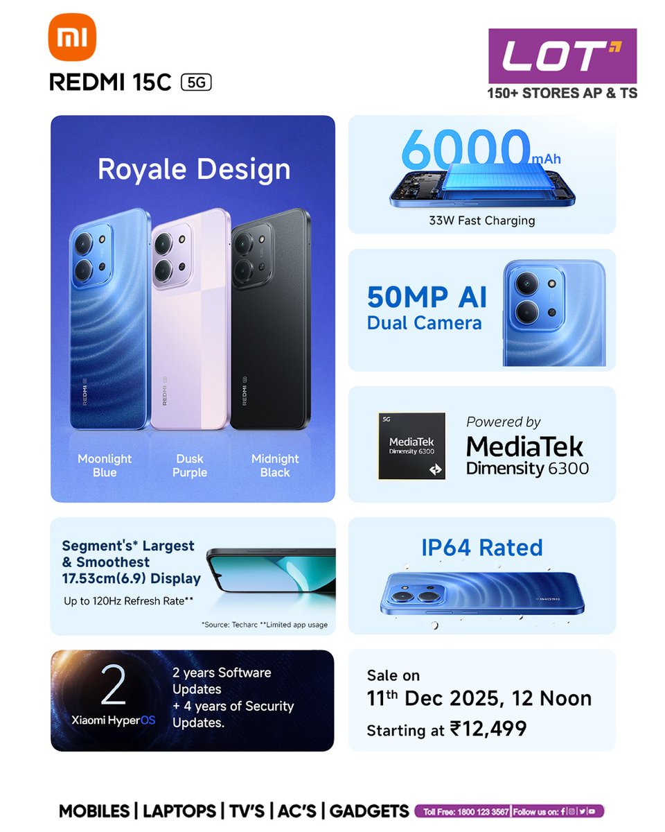 Lotmobiles's tweet image. ⏳ The wait is almost over!
Say hello to REDMI 15C 5G at LOT Mobiles 💥
📱 17.53cm (6.9”) display • 120Hz
⚡ 6000mAh + 33W fast charging
📸 50MP AI dual camera
🛡️ HyperOS (2Y + 4Y updates)

🛍️ Sale LIVE: 11 Dec | From ₹12,499
📞 1800 123 3567

#Redmi15C5G #LOTMobiles #HyperOS