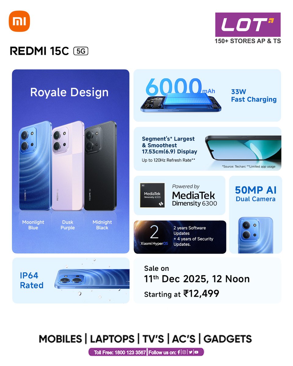 Lotmobiles's tweet image. ⏳ The wait is almost over!
Say hello to REDMI 15C 5G at LOT Mobiles 💥
📱 17.53cm (6.9”) display • 120Hz
⚡ 6000mAh + 33W fast charging
📸 50MP AI dual camera
🛡️ HyperOS (2Y + 4Y updates)

🛍️ Sale LIVE: 11 Dec | From ₹12,499
📞 1800 123 3567

#Redmi15C5G #LOTMobiles #HyperOS