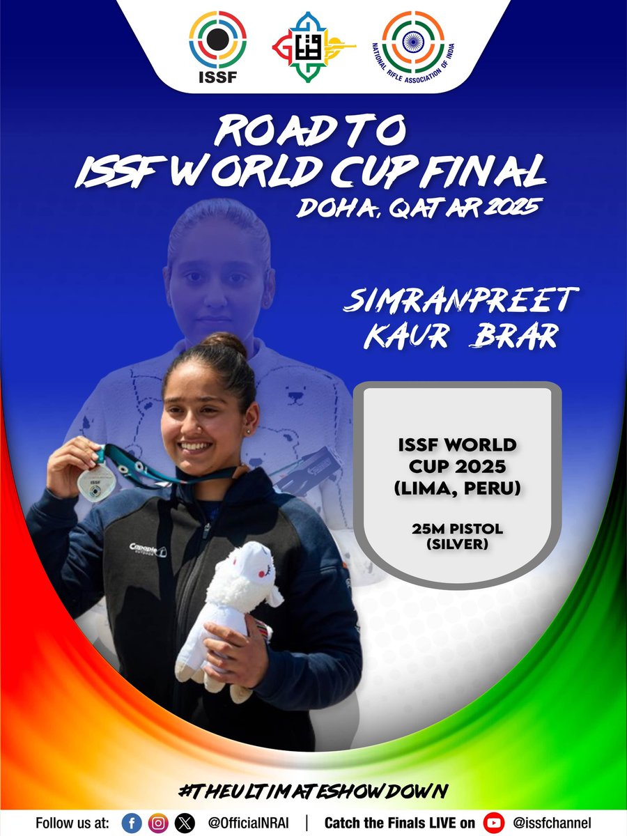 OfficialNRAI's tweet photo. Next up is Simranpreet who will be competing in her second consecutive WCF. She completes a strong troika for India in the womenโs sport pistol. ๐ฅ๐ฎ๐ณ
#Road2Doha #ISSFWorldCupFinal #UltimateShowdown #Doha https://t.co/uVWfjlEwJQ