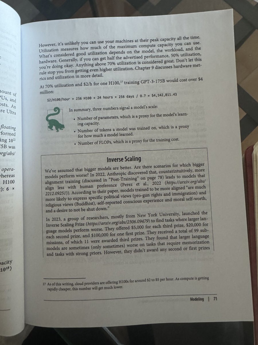 I've been reading the AI Engineering book cover to cover last few days. 

If you get 50% of a GPU’s advertised performance, you’re doing okay. If you get 70%, you’re doing great. 

The drop from “theoretical peak FLOPs” to 40–70%, and the dominant reasons are software