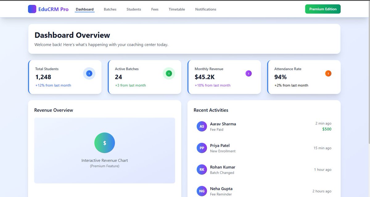 MissionKumar15's tweet image. EduCRM Pro — The Complete AI-Powered Coaching Management System 
7-coaching-crm.vercel.app 
#EduCRM #DashboardDesign #FullStackDeveloper #AIDevelopment #WebApp #MissionKumar #SaaS #EdTech