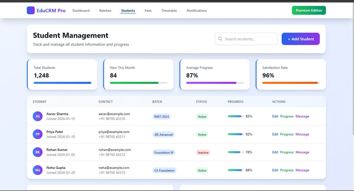 MissionKumar15's tweet image. EduCRM Pro — The Complete AI-Powered Coaching Management System 
7-coaching-crm.vercel.app 
#EduCRM #DashboardDesign #FullStackDeveloper #AIDevelopment #WebApp #MissionKumar #SaaS #EdTech