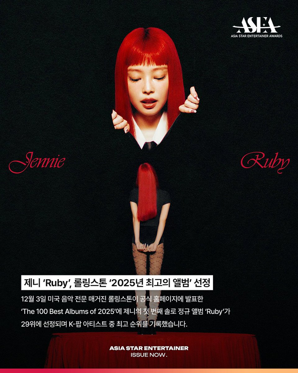asea_official's tweet image. 𝗔𝗦𝗜𝗔 𝗦𝗧𝗔𝗥 𝗘𝗡𝗧𝗘𝗥𝗧𝗔𝗜𝗡𝗘𝗥 𝗜𝗦𝗦𝗨𝗘 𝗡𝗢𝗪📰
#블랙핑크 #BLACKPINK #제니 #JENNIE

K-팝 역사에 새로운 이정표를 세운
제니의 첫 정규 앨범 ‘Ruby’✨

‘2025년 최고의 앨범 선정’으로
또 한 번 입증한 글로벌 영향력😎

🏆𝐀𝐒𝐄𝐀 𝟐𝟎𝟐𝟔🏆
#COMINGSOON

💌12월 월간 투표 진행…