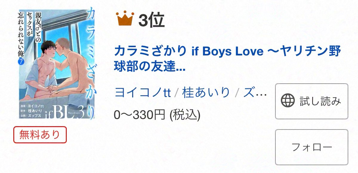 ＼🎖ランクイン御礼①🎖／
『カラミざかり if Boys Love3～親友♂とのセックスが忘れられない俺～』
ヨイコノtt <a href="/tt_osc/">ヨイコノtt⚾️カラミざかりBL</a>
桂あいり<a href="/airikatsura/">桂あいり@『グラぱらっ！』10巻発売中</a>

#ブッコミ
🏆BL漫画✨🥇1位🥇✨
sp.handycomic.jp/product/index/…

#ブックライブ
🏆BL✨🥉3位🥉✨
booklive.jp/product/index/…

•.\ 1話無料＆試し読み増量中/.•