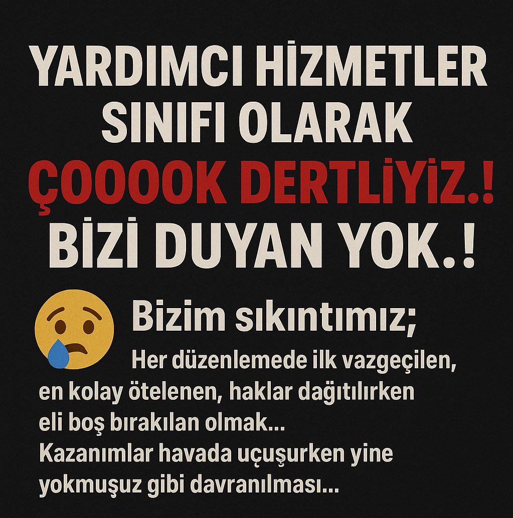 👉🏻Verilen sözler tutulsun artık. Görmezden gelinmekten bıktık. Kamunun en mağdur sınıfı ÇÖZÜM BEKLİYOR…!

#YardımcıHizmetlerSınıfı 

<a href="/RTErdogan/">Recep Tayyip Erdoğan</a> 
<a href="/dbdevletbahceli/">Devlet Bahçeli</a> 
<a href="/eczozgurozel/">Özgür Özel</a> 
<a href="/MemurSenKonf/">Memur-Sen</a> 
<a href="/Kamu_Sen/">Türkiye Kamu-Sen</a> 
<a href="/DMSendikasi/">Devlet Memurları Sendikası</a> 
<a href="/OnderKahveci/">Önder Kahveci</a> 
<a href="/herkesicinCHP/">CHP 🇹🇷</a> 
<a href="/Akparti/">AK Parti</a> 
<a href="/MHP_Bilgi/">MHP</a>