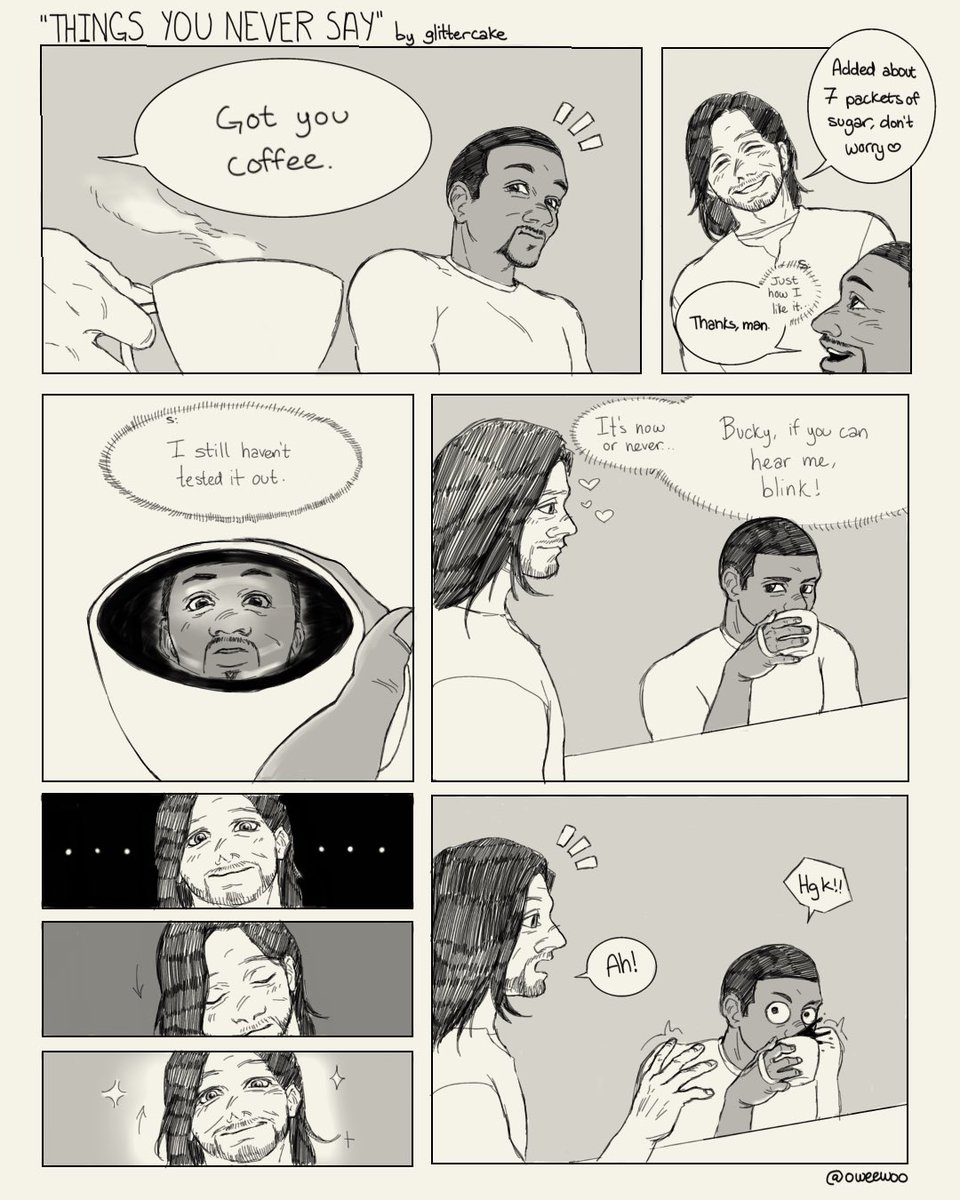 oweewoo's tweet photo. based on a fic in which sam gains the ability to read minds and finds out bucky’s gone sweet on him #sambucky 

(sambucky community got to 5k members yay!!!) https://t.co/aGSQDoEQi7
