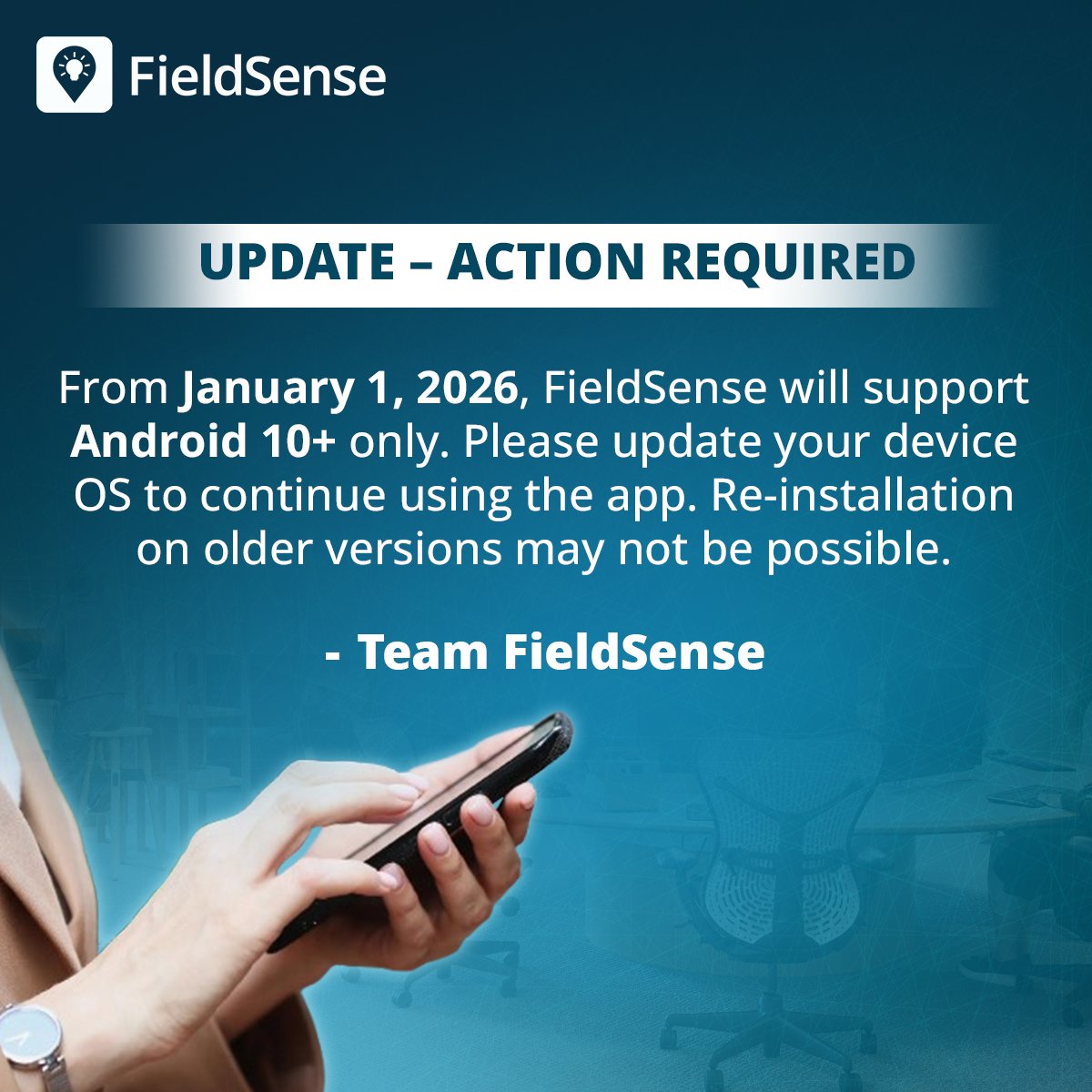 QLC_FieldSense's tweet photo. 𝐈𝐦𝐩𝐨𝐫𝐭𝐚𝐧𝐭 𝐔𝐩𝐝𝐚𝐭𝐞 𝐟𝐨𝐫 𝐅𝐢𝐞𝐥𝐝𝐒𝐞𝐧𝐬𝐞 𝐔𝐬𝐞𝐫𝐬!

Starting January 1, 2026, we’ll only support Android 10 and above.

If you're on an older version, update your OS now to continue enjoying new features and security updates.

#FieldSenseUpdate #AppUpdate https://t.co/daav3E35TS