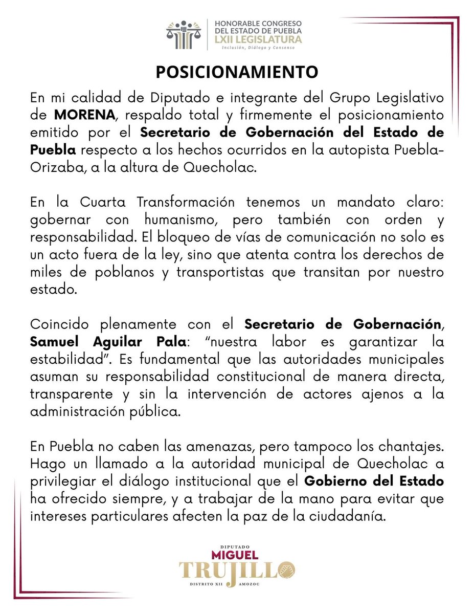 Respaldo total al Srio. de Gobernación: en la #4T hay humanismo, pero también orden. El bloqueo de vías atenta contra los poblanos y no es la solución.
​El diálogo es la única vía. 👇