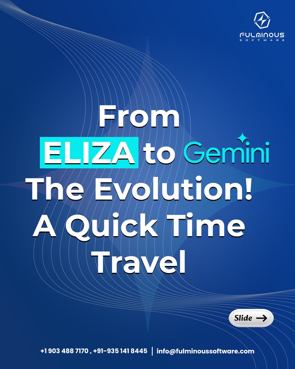 fulminous_soft's tweet photo. From ELIZA to Gemini, AI chatbots have come a long way. 🤖✨

#AIChatbots #ArtificialIntelligence #ChatbotEvolution #GenerativeAI #TechHistory #NLP #FutureOfAI #Innovation #EdTech #DigitalTransformation #AIRevolution #MachineLearning #TechTrends #ChatGPT #FulminousSoftware https://t.co/3Jhz7C5rCY