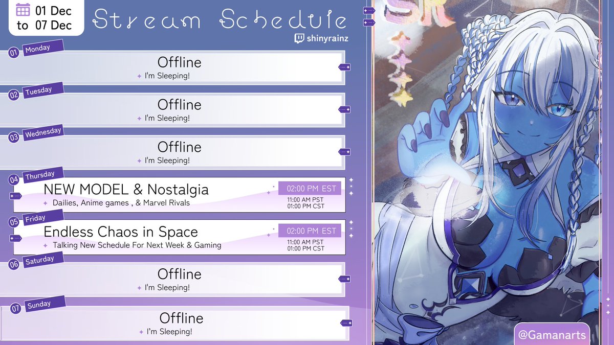 I know it's in the middle of the week but I'm a busy busy bee! College exams are all of the place but hey at least I can game when I can. 

Schedule Template: @/NikkiGZ0
Art: @/Gamanarts
Twitch: twitch.tv/shinyrainz

#schedule #streaming #ShinyZArt #ShinyLive #VtuberEn