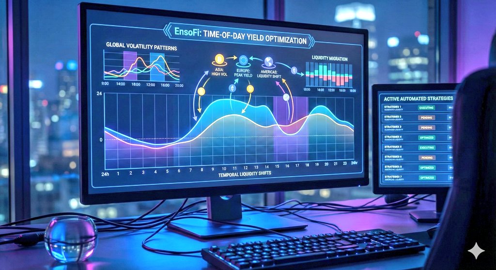 Temporal Liquidity Shifts describe EnsoFi’s ability to analyze how liquidity, fees, and APYs fluctuate at different times of the day—and then position user funds to take advantage of those micro-patterns. Markets don’t behave the same at 2 a.m. as they do during peak trading