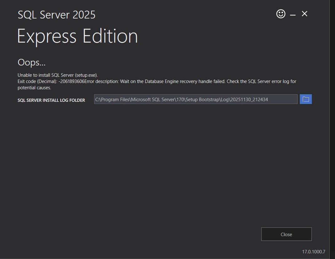 Pranav_Sathwara's tweet image. Hey Guys
I have a issue while installing the SQL server,It&apos;s downloaded however while installing this below problem shows.
I had uninstalled it several times and did many things according to Ai and many things but not got my solution so please help me.
#sqlhelp #sql #Microsoft