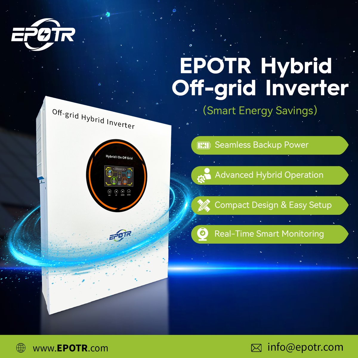 DengZiva's tweet image. Frequent power cuts in Vietnam? EPOTR Off-Grid Hybrid Inverter is your solution🌞
1.5-11KW | Dual MPPT | Works without battery
Built for tropics: heat &amp;amp; humidity proof⚡10ms transfer
Smart BMS support🔋Remote monitoring
💡Take control of your power now!
#SolarVietnam #OffGrid