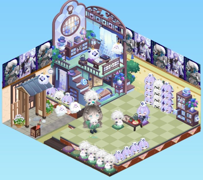 しばらくはこの部屋でマスコット積み上げてく！るべのおともはどの屋根でもいいから上に乗せたかった。
カゲツくんのマスコットも増えてくの楽しみᡣ𐭩
#ピグパ星導叢雲コラボ