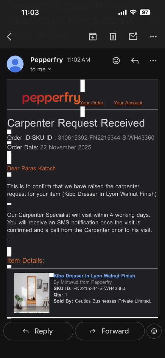 ParasKatoch's tweet photo. @Pepperfry Why are you assigning carpenter against failed delivery? Your team agreed to issue refund https://t.co/uqbjrx0uoE
